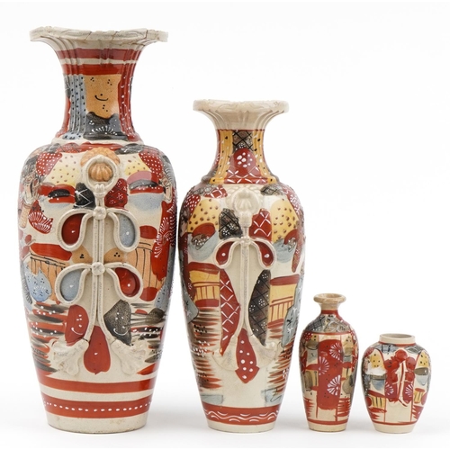 666 - Four Japanese Satsuma pottery vases hand painted with warriors, the largest 46cm high