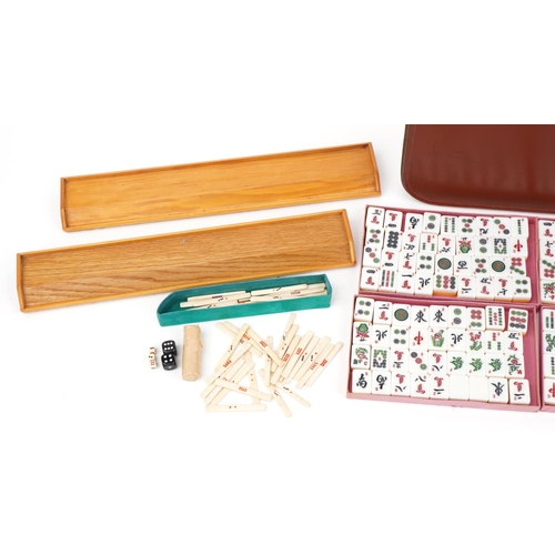 1460 - Chinese Mahjong set with bone sticks and wooden tile stands