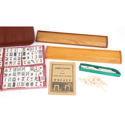 1460 - Chinese Mahjong set with bone sticks and wooden tile stands