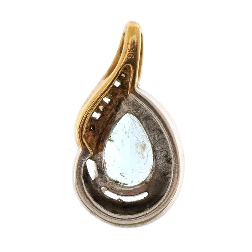 2122 - 9ct gold blue topaz tear drop pendant set with four diamonds, 2.0cm high, 2.4g