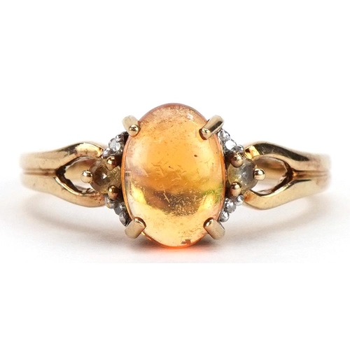 2295 - 9ct gold cabochon opal solitaire ring with diamond and citrine shoulders, the opal approximately 8.7... 