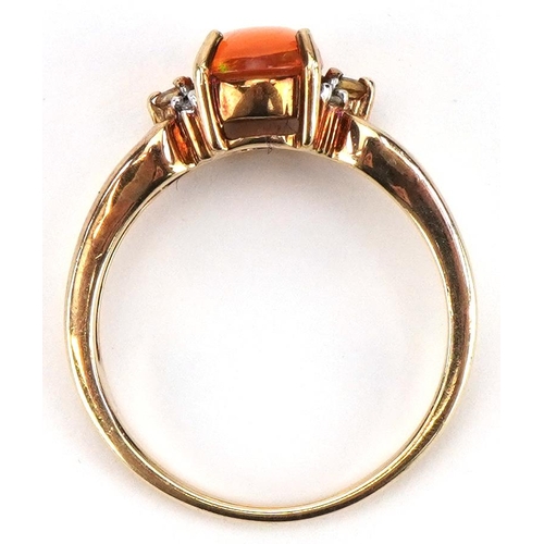 2295 - 9ct gold cabochon opal solitaire ring with diamond and citrine shoulders, the opal approximately 8.7... 