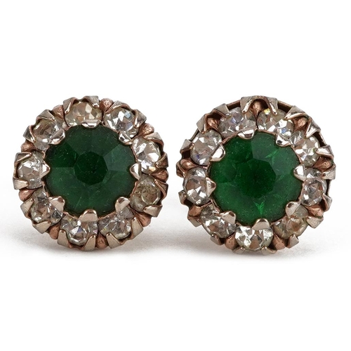 2366 - Pair of Antique yellow metal green and clear glass cluster stud earrings housed in a velvet box, 1.0... 