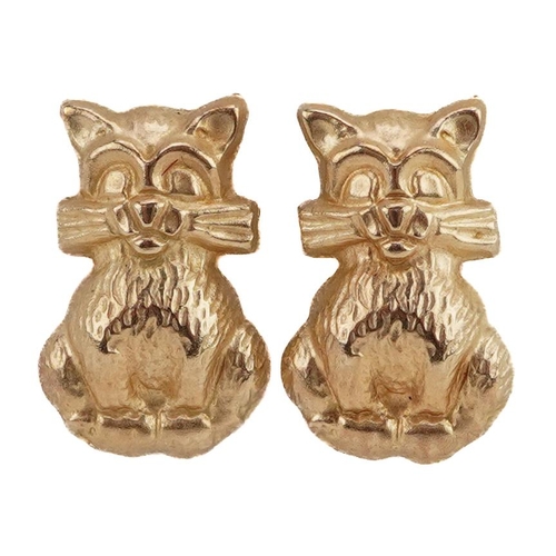 2127 - Pair of unmarked gold seated cat stud earrings, the butterflies marked 9k, 1.2cm high, 0.3g