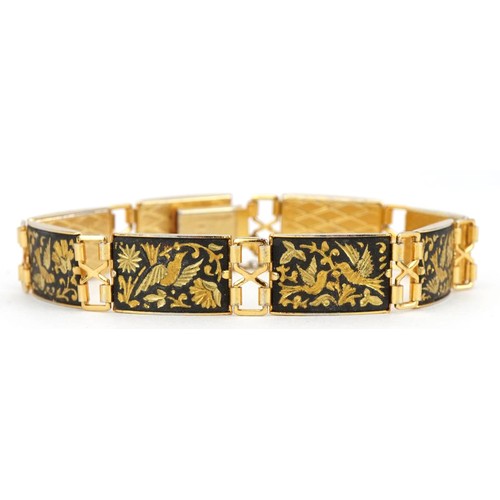 2186 - Spanish toledo bracelet with safety chain, engraved with birds and flowers, 23.2g