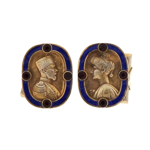 2318 - Pair of silver gilt and enamel portrait cufflinks set with red stones, impressed Russian marks, 2.2c... 