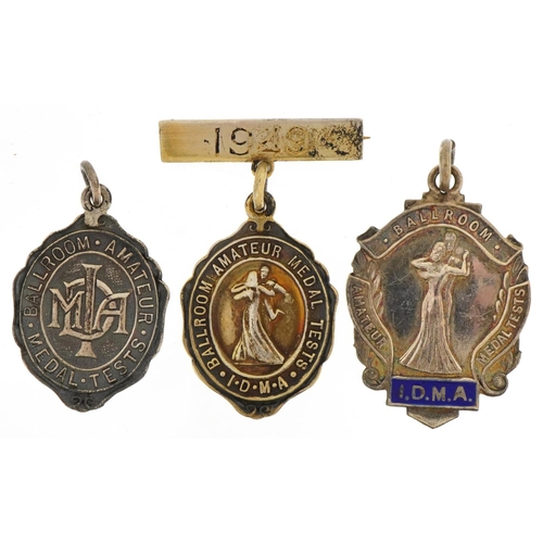 2370 - Three silver amateur ballroom dancing medals, one with enamel, the largest 4.5cm high, total 22.9g