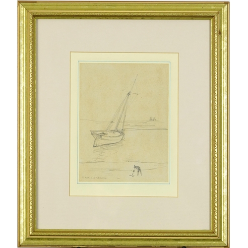 1241A - Frank Lewis Emanuel - Figure before moored fishing boat, maritime interest pencil sketch, details ve... 