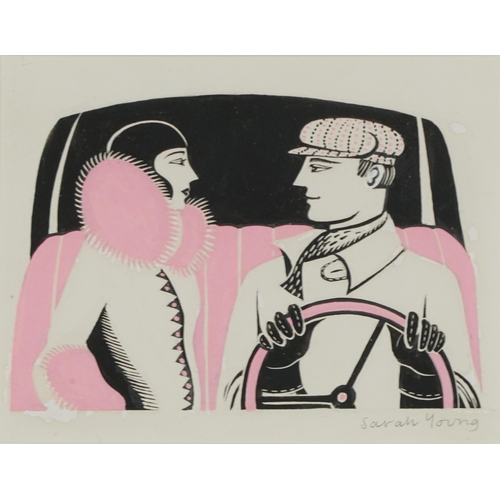 200 - Sarah Young - Art Deco female and gentleman driving a car, mixed media, mounted, framed and glazed, ... 