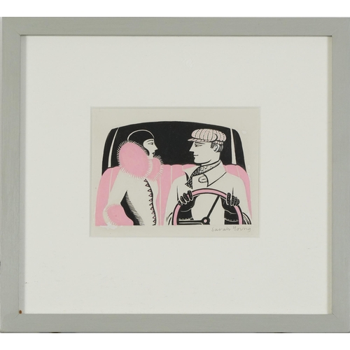 200 - Sarah Young - Art Deco female and gentleman driving a car, mixed media, mounted, framed and glazed, ... 