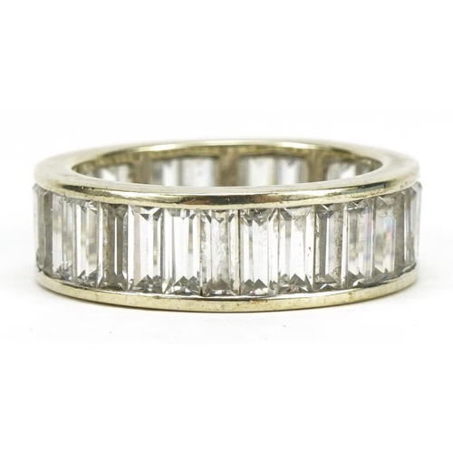 2205 - 9ct gold baguette cut cubic zirconia eternity ring, size M, 4.6g