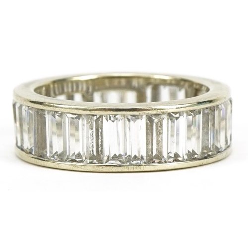 2205 - 9ct gold baguette cut cubic zirconia eternity ring, size M, 4.6g