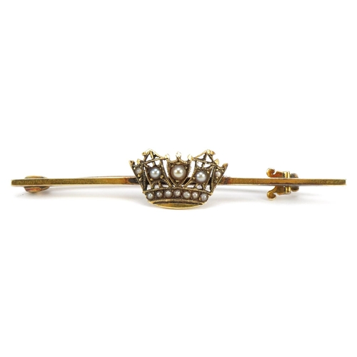 2326 - Naval interest Victorian 15ct gold seed pearl crown bar brooch, 4.7cm wide, 2.6g