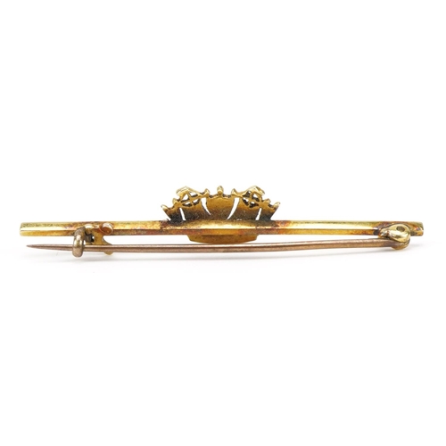 2326 - Naval interest Victorian 15ct gold seed pearl crown bar brooch, 4.7cm wide, 2.6g