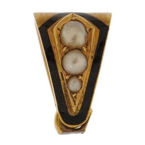 2399 - Victorian unmarked gold black enamel and pearl mourning suspension loupe, 1.3cm high, 2.2g