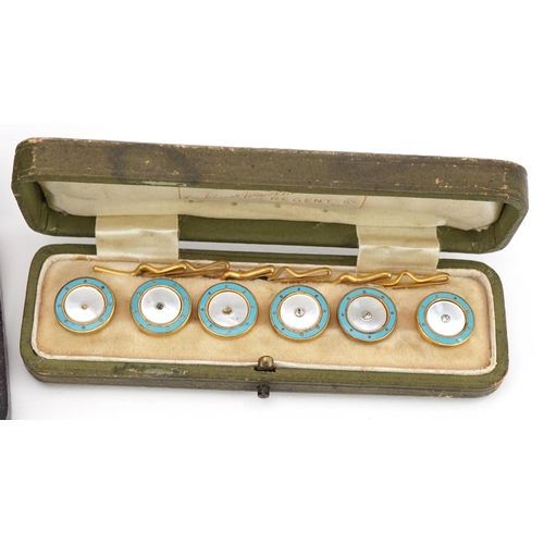 2386 - Set of six yellow metal enamel and mother of pearl buttons and three yellow metal studs, both with f... 