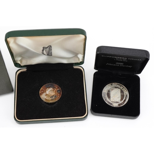 1598 - Three silver medallions with fitted cases comprising Rugby World Cup Supporters medal, Pan World Exp... 