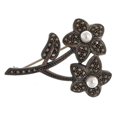 2338 - Judith Jack, vintage sterling silver marcasite and simulated pearl floral brooch with Judith Jack po... 