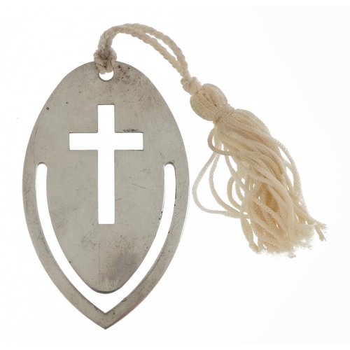 2173 - Harrison Brothers & Howson Ltd, religious design bookmark with tassel, 6cm high, total 7.9g