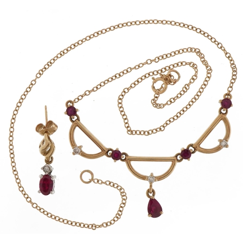 2116 - 9ct gold ruby and diamond teardrop necklace and one similar drop earring, the necklace 39cm in lengt... 