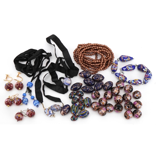 2316 - Collection of Venetian millefiori glass beads including earrings and bead necklace, the largest bead... 