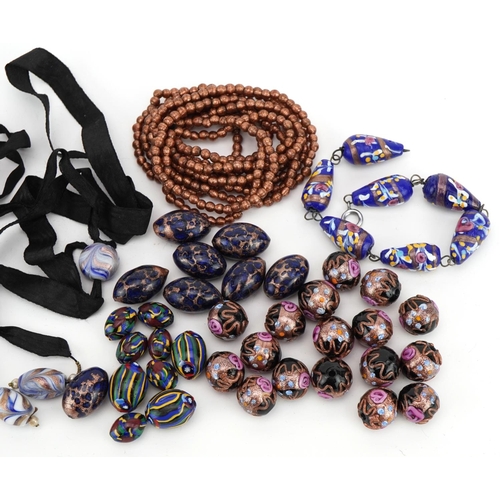 2316 - Collection of Venetian millefiori glass beads including earrings and bead necklace, the largest bead... 