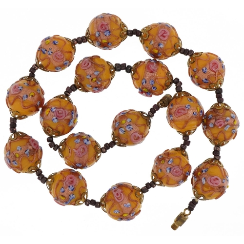 2060 - Venetian millefiori glass bead single strand choker necklace with gilt metal barrel clasp, 41cm in l... 