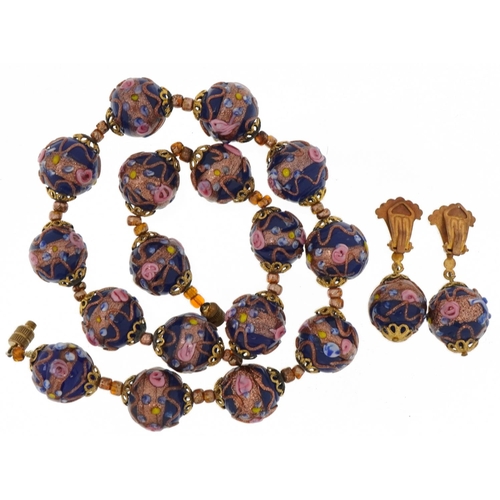 2091 - Venetian glass millefiori bead choker necklace with matching gilt metal mounted earrings with clip b... 