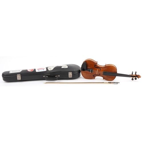 409 - Old wooden violin with bow and protective case, the violin back impressed Klotz and 14 inches in len... 