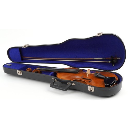 409 - Old wooden violin with bow and protective case, the violin back impressed Klotz and 14 inches in len... 