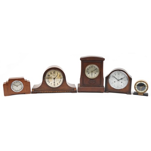 565 - Five early 20th century and later mantle clocks including inlaid Art Deco example with Arabic numera... 