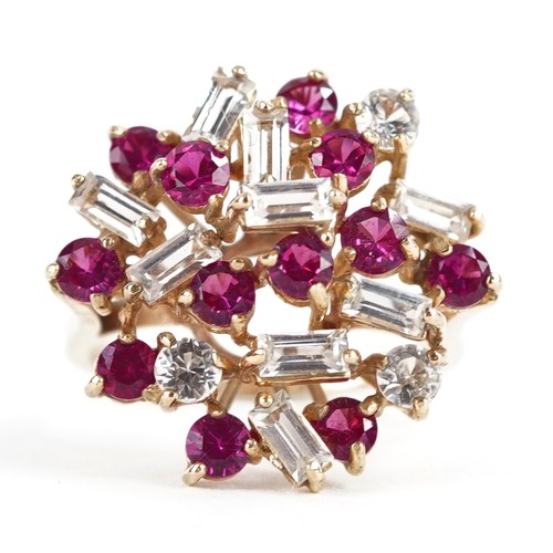 2075 - 9ct gold ruby and clear stone cocktail ring, size M/N, 4.9g