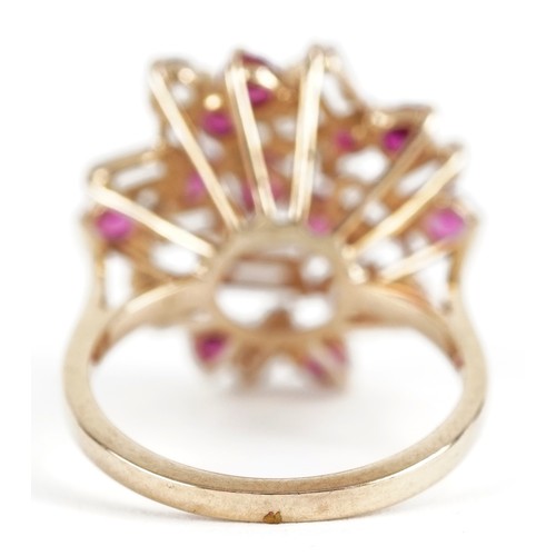 2075 - 9ct gold ruby and clear stone cocktail ring, size M/N, 4.9g