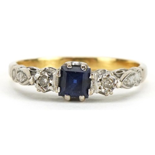 2133 - Art Deco style 18ct gold sapphire and diamond three stone ring, size L, 3.0g