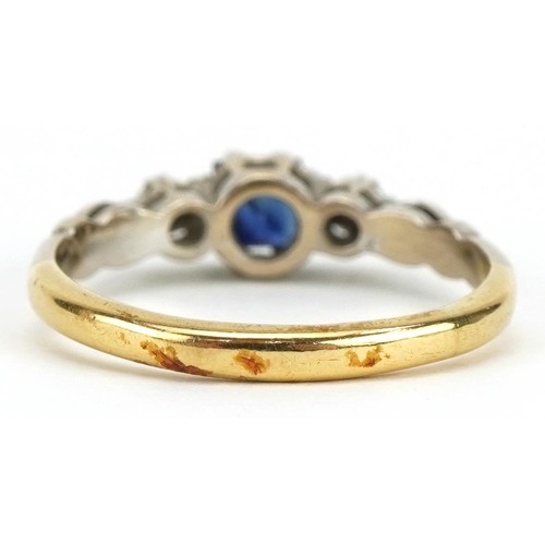 2133 - Art Deco style 18ct gold sapphire and diamond three stone ring, size L, 3.0g