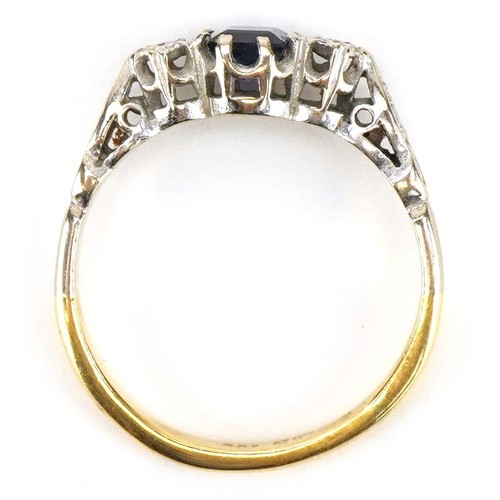 2133 - Art Deco style 18ct gold sapphire and diamond three stone ring, size L, 3.0g