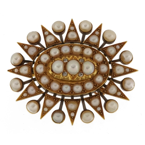 2188 - Large Victorian unmarked gold cultured pearl and diamond starburst brooch, tests as 18ct gold, 4.5cm... 