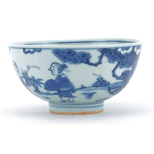 322 - Chinese blue and white porcelain bowl hand painted with figures, six figure character marks to the b... 