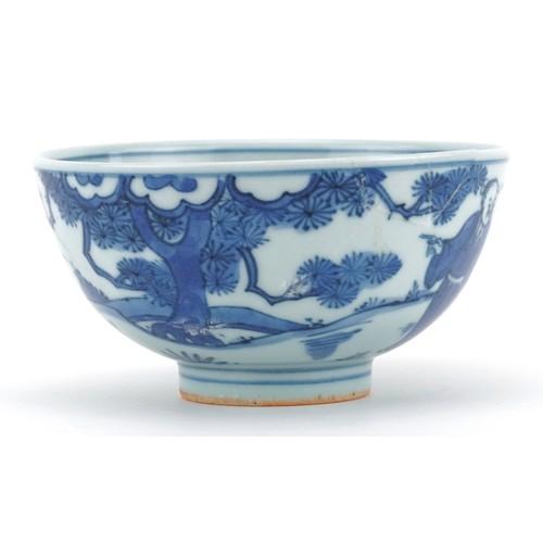 322 - Chinese blue and white porcelain bowl hand painted with figures, six figure character marks to the b... 