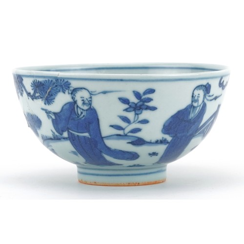 322 - Chinese blue and white porcelain bowl hand painted with figures, six figure character marks to the b... 