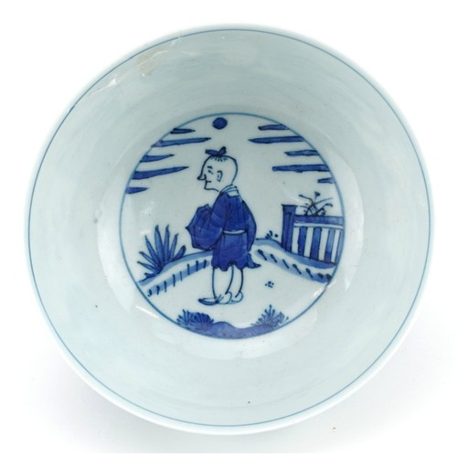 322 - Chinese blue and white porcelain bowl hand painted with figures, six figure character marks to the b... 