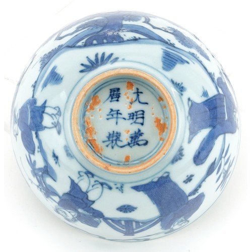 322 - Chinese blue and white porcelain bowl hand painted with figures, six figure character marks to the b... 