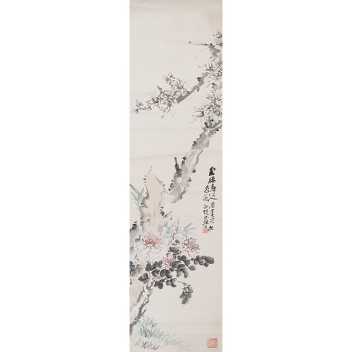 497 - Chinese wall hanging scroll hand painted with blossoming trees, 175cm x 46cm