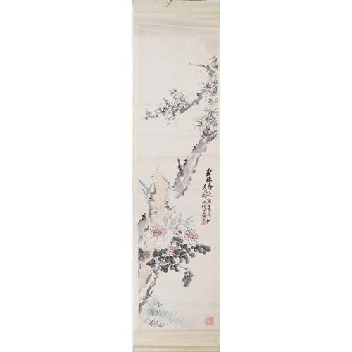 497 - Chinese wall hanging scroll hand painted with blossoming trees, 175cm x 46cm