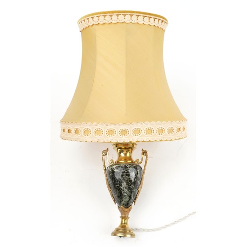 549 - Pair of French style brass and green marble table lamps with silk lined shades, each 54cm high