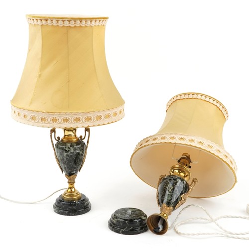 549 - Pair of French style brass and green marble table lamps with silk lined shades, each 54cm high