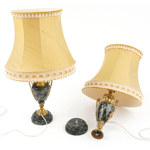 549 - Pair of French style brass and green marble table lamps with silk lined shades, each 54cm high