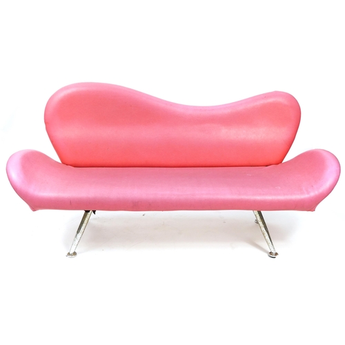 1047 - Red faux leather lips design salon settee raised on chrome legs, 180cm wide