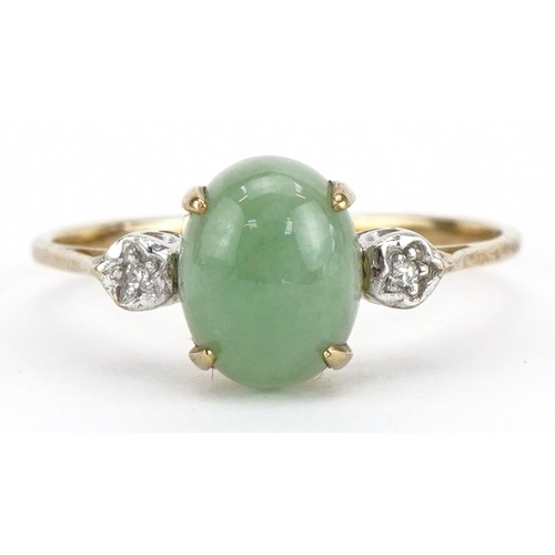 2068 - 9ct gold cabochon green stone and diamond ring, size S, 1.9g