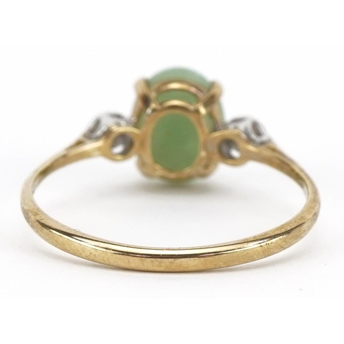 2068 - 9ct gold cabochon green stone and diamond ring, size S, 1.9g